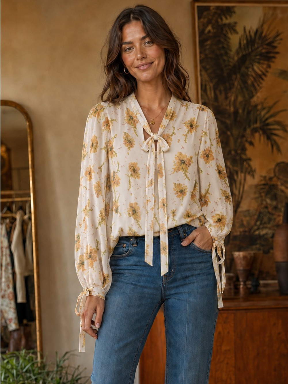 Modcloth 70's Inspired Floral Long Sleeve Button Down Blouse with Bow Tie Detail